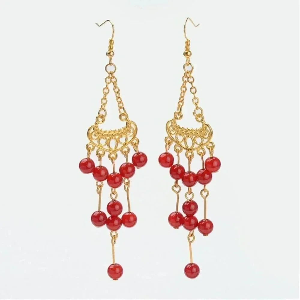 Natural Carnelian Gemstone Gold Plated 4" Shoulder Duster Chandelier Earrings
